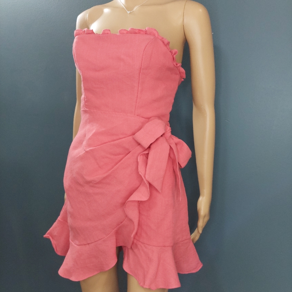 Ruffled Linen Wrap Waist Tie Mini Dress Coral Strapless  Small